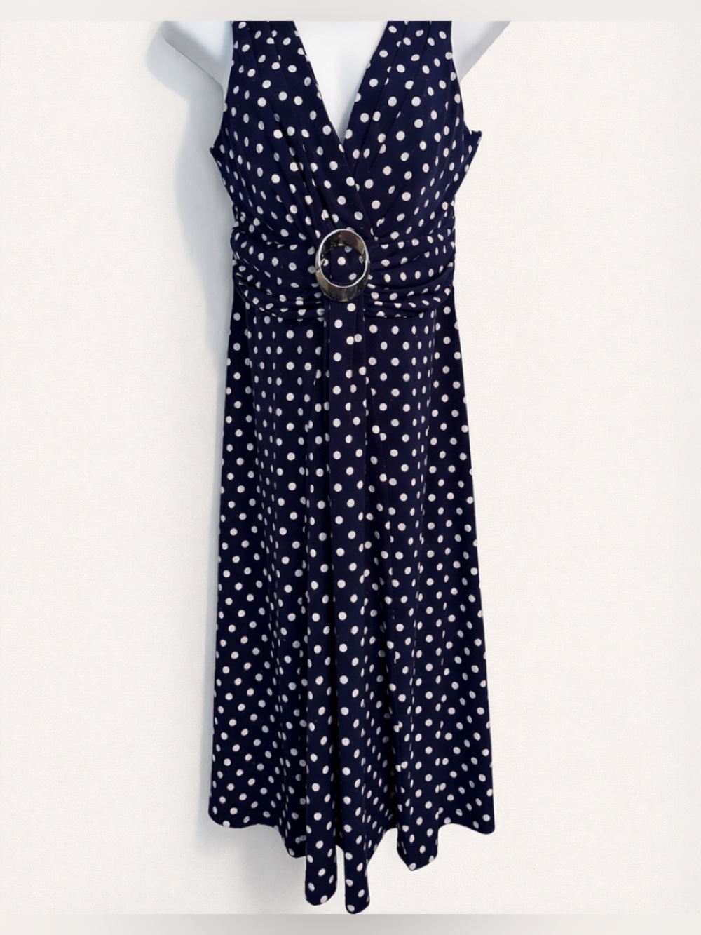 Kim Rogers Navy Polka Dot V-Neck Maxi Dress with Waist Ring Detail, Size 6